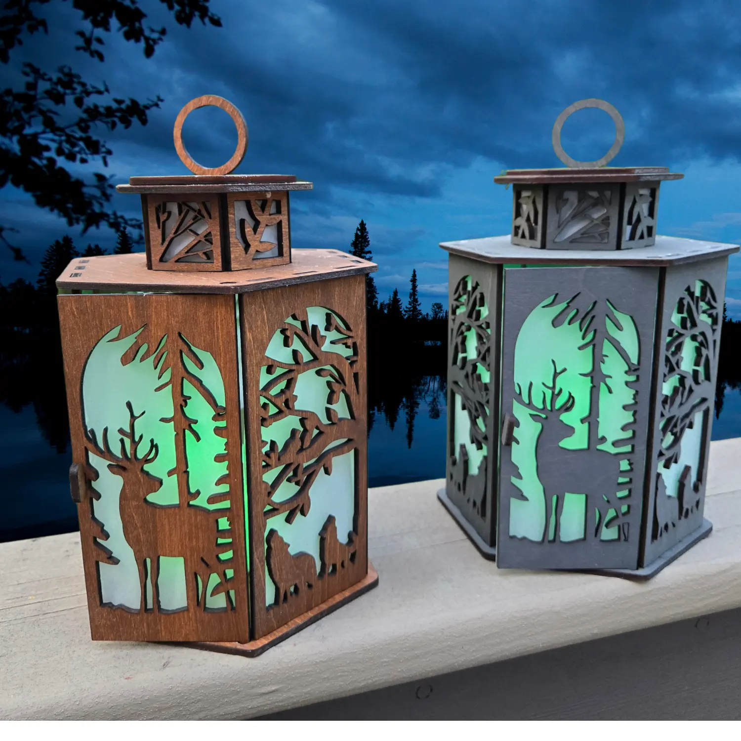 Woodsy Decor Rustic Tea Light Lantern - Handcrafted Wooden Design with Deer, Elk, & Wolf Scenes, Includes Tea Light & Vellum Lined Base