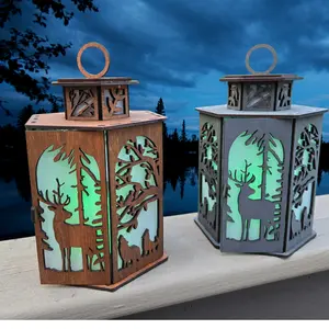 Woodsy Decor Rustic Tea Light Lantern - Handcrafted Wooden Design with Deer, Elk, & Wolf Scenes, Includes Tea Light & Vellum Lined Base