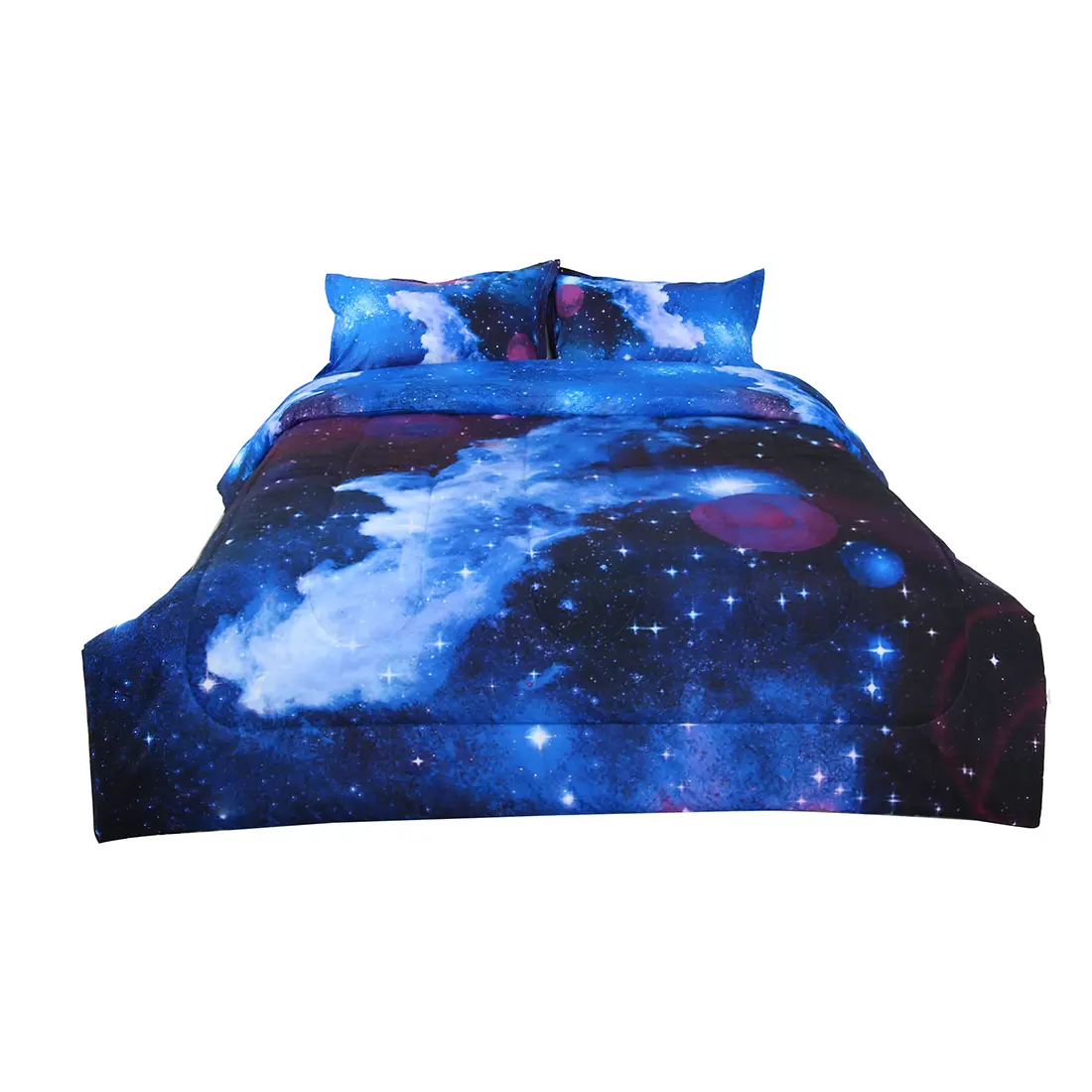 Unique Bargains Galaxy Dark Blue Comforter Set -3D Outer Space Themed Bedding- All-season Down Alternative Quilted Duvet - Reversible Design- Includes 1 Comforter & 2 Pillowcases
