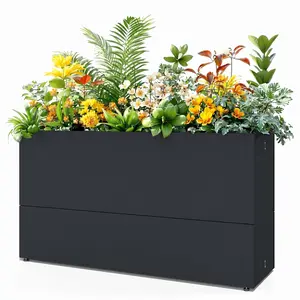 NAVINE Metal Tall Rectangular Planter, 35L"x12W"x24H" Large Outdoor Planter Box with Drainage Holes & Removable Shelf for Plants, Flowers, Garden