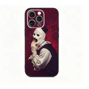 Fun and scary clown art design liquid metal phone case, compatible with iPhone 17, 16, 15, 14, 13, and 12, made of black soft silicone.