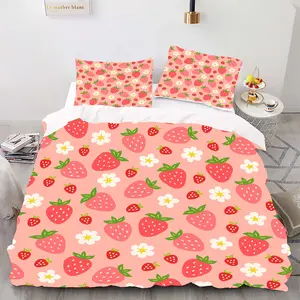 3-Piece Bedding Set, Digital Print Duvet Cover, Cute Strawberry Design, Soft Comfortable Fabric, Suitable for Bedroom, Hotel, Valentine's Gift