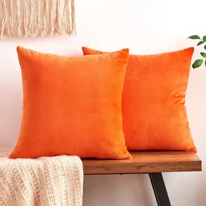 Fall Orange Decorative Velvet Throw Pillow Covers Set of 2 18x18 Inch, Soft Burnt Orange Pillowcases for Couch Sofa Bed Living Room, Farmhouse Boho Accent Cushion Covers