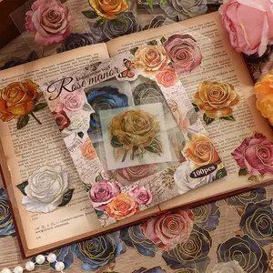 Gold Holographic 100 Vintage Floral Sticker Set with Rose Pattern - Clear Self-Adhesive Stickers for Scrapbooking, Bullet Notebooks & Crafts