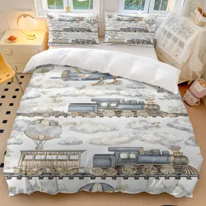 3pcs Vintage Transport Bedding Blue & Beige Airplane Train Hot Air Balloon Print (1 Comforter Cover 2 Pillowcases, Without Core) for Bedroom Decor