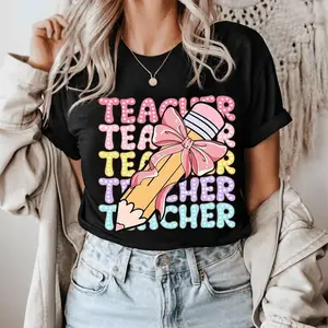 [100% Cotton] Teacher Shirt, Comfort Color Teacher Tshirt, Pencil Coquette Bow Shirt, Dalmatian Dots Teacher Tee, Bright Doodle School, Pink Bow Streetwear  Golf Gift T-Shirt For Men and Women