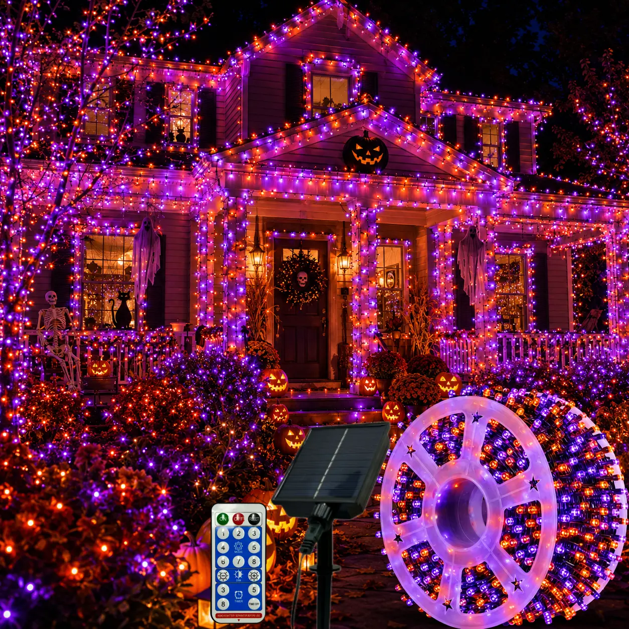 800 LED solar string lights in orange and purple, 334.6 ft Halloween outdoor fairy lights (with remote control), waterproof solar lights suitable for porch, fence, courtyard, garden, and party decoration; Halloween decorative lights