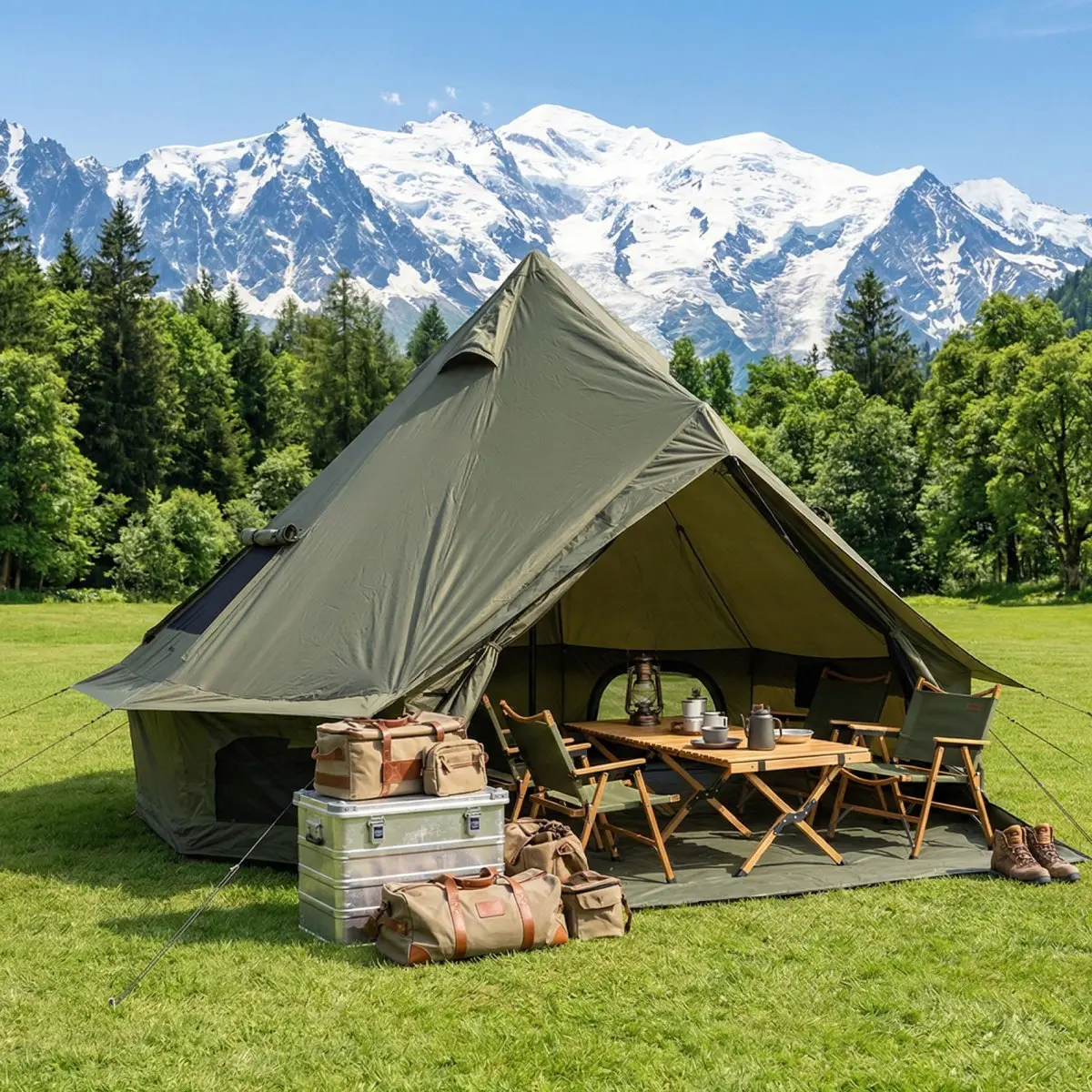4 Season Bell Tent 9.8 FT, Green Waterproof Glamping Yurt Tent with Stove Jack, Fits 4 People Family Camping Tent for Outdoor Parties & Camping