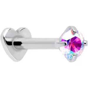 Aurora 16 Gauge 5/16" Threadless Reversible Heart Flatback Stud with 3mm CZ Gem for Lip Monroe Tragus Helix Piercing Jewelry
