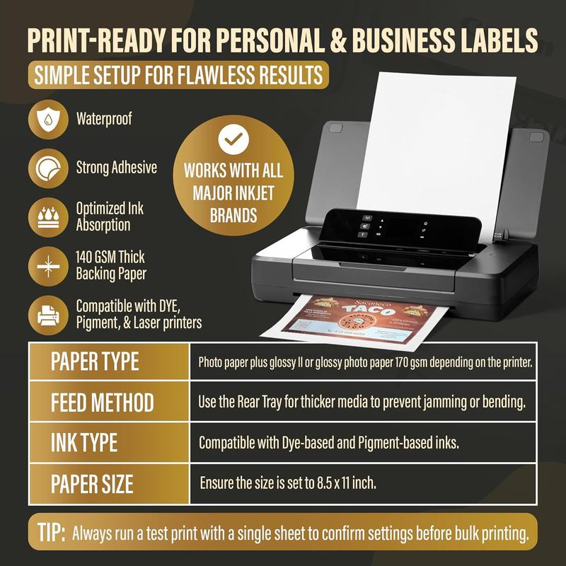 30 Glossy Sticker Sheets 8.5 x 11, Printable Glossy High Resolution Paper for Inkjet Printer (Dyes or PIGMENTS), Papel Adhesivo Brillante  para Stickers and Labels.