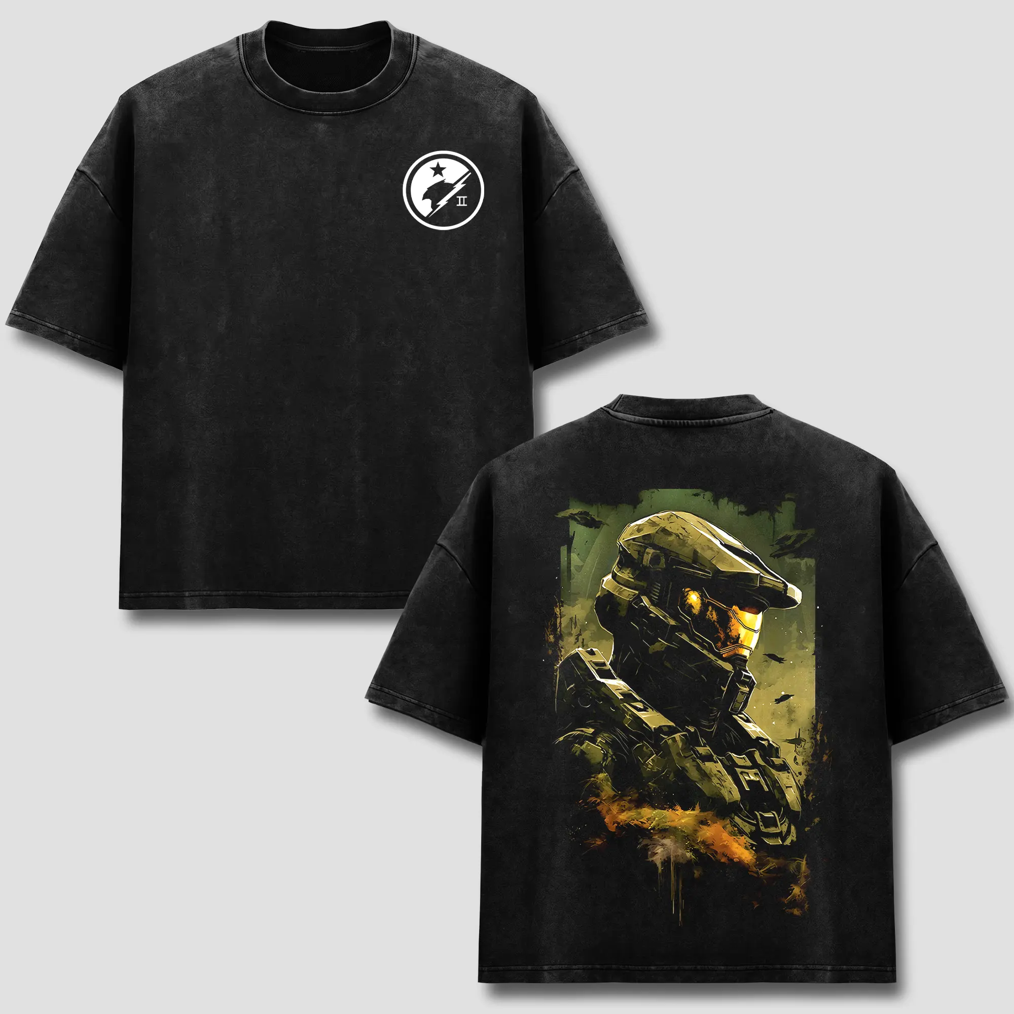 Halo Infinite Game T-Shirt, Master Chief Spartan 117 Graphic Tee, UNSC Logo Star Emblem Front Chest Back Print, Vintage Black Wash Heavyweight Cotton, Oversized Drop Shoulder Streetwear, Sci-Fi Gaming Fan Apparel