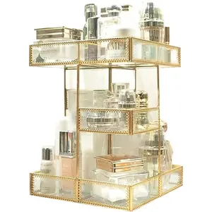 360  Rotation Makeup Organizer Antique Countertop  Storage Box Mirror Glass Beauty Display,  Spin Large Capacity Holder for Brushes Lipsticks Skincare Toner