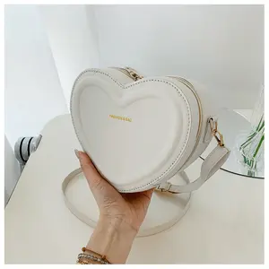 Women's White Small Leather Solid Color Fashion Heart-shaped Zipper Crossbody Bag