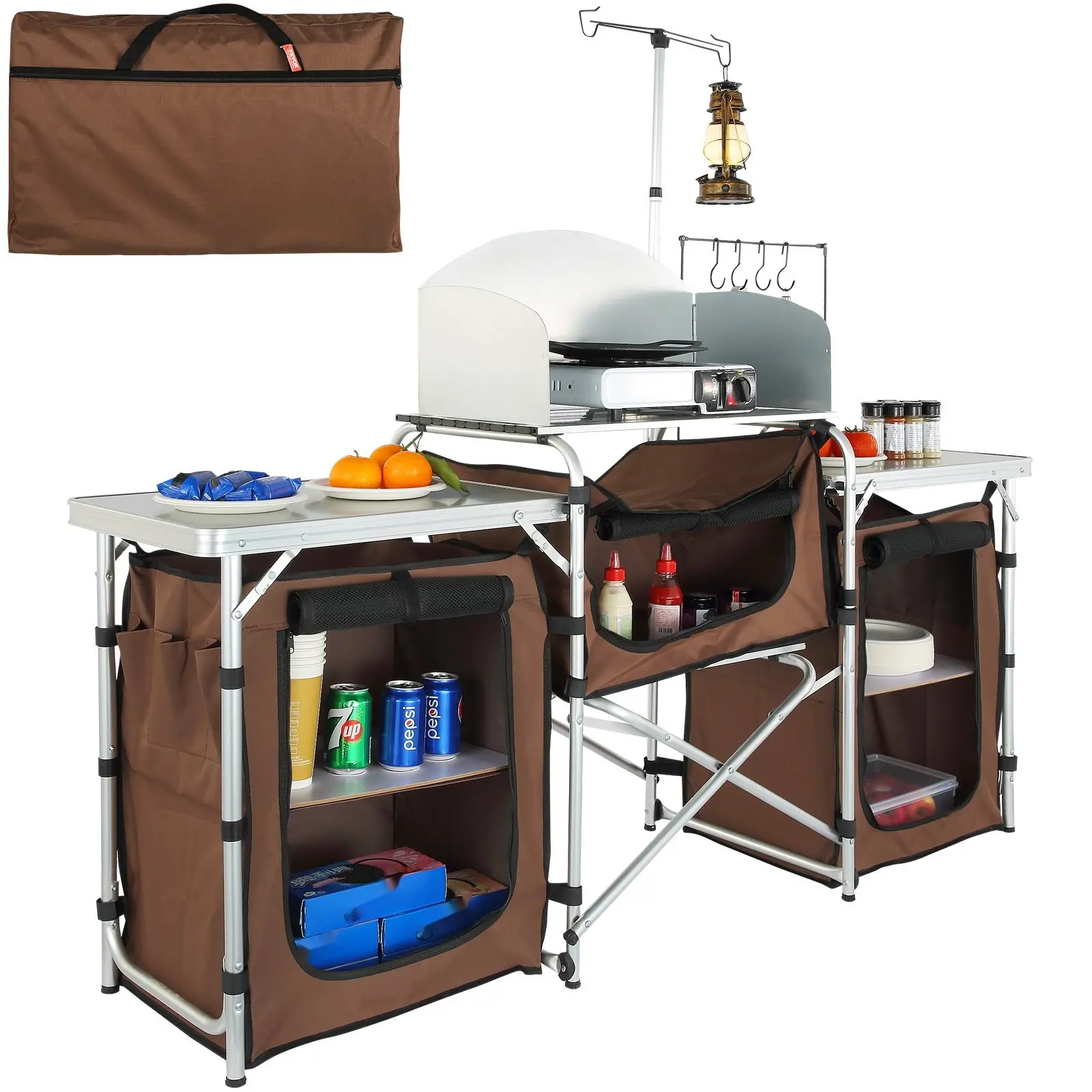 Camping Kitchen Table Foldable Outdoor Cooking Table With 3 Cupboard Doors, Detachable Windscreen, Quick Set Up For Picnics BBQ RV Travel, Portable Brown, Weather Resistant, Sturdy Frame, Easy Assembly