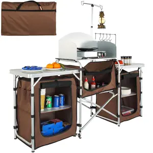 Camping Kitchen Table Foldable Outdoor Cooking Table With 3 Cupboard Doors, Detachable Windscreen, Quick Set Up For Picnics BBQ RV Travel, Portable Brown, Weather Resistant, Sturdy Frame, Easy Assembly