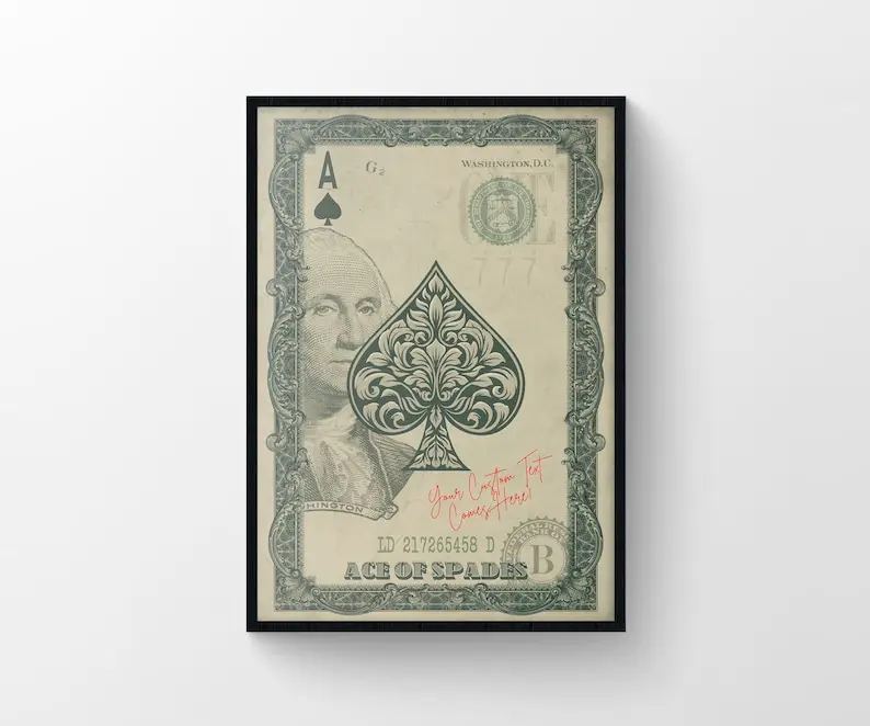 Ace of Spades Custom Poster, Personalized Playing Card Art, Dollar Bill Style Decor, Bar Decor, Game Room Wall Art, Customizable Gift