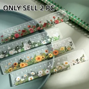 Random Color Flower Pattern Acrylic Ruler, 2 Counts/set Multifunctional Ruler, Measuring Ruler for School Home Office, Gift for Friends, Portable, Multifunctional Stationery
