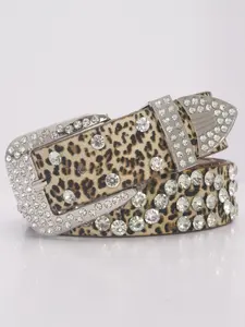 1pc Y2K Cowgirl PU Belt, Leopard Print Rhinestone Embellished, Casual All-Season Accessory, Perfect for Jeans & Parties, Statement Belts