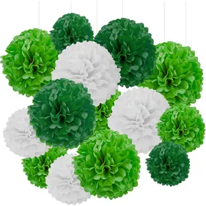 Dark Green Tissue Hanging Paper Pom Poms,Light Green and White Pom Poms Flower Ball Wedding Birthday Party Decoration （6Pcs 12in Pom Pom,6Pcs 10in Pom Pom）