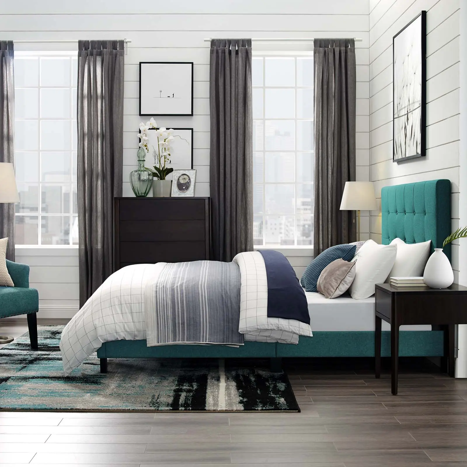 Modway Melanie Twin Tufted Button Upholstered Fabric Platform Bed in Teal