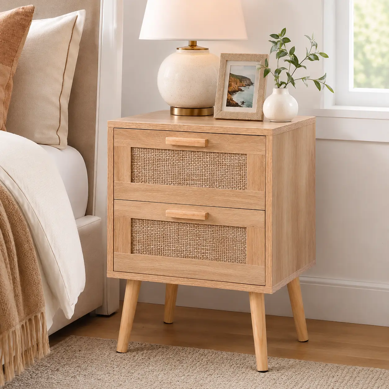 Rattan Nightstand with 2 Drawers, Mid Century Bedside Table with Solid Wood Legs, Cane Storage Cabinet for Bedroom, Living Room End Table, Easy Assembly