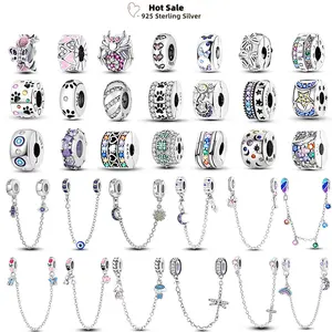Original 925 Silver Buttefly Daisy Safety Chain Charms Fit Pendant Bracelet Star Moon Luminous Round Clip Beads DIY Jewelry Gift