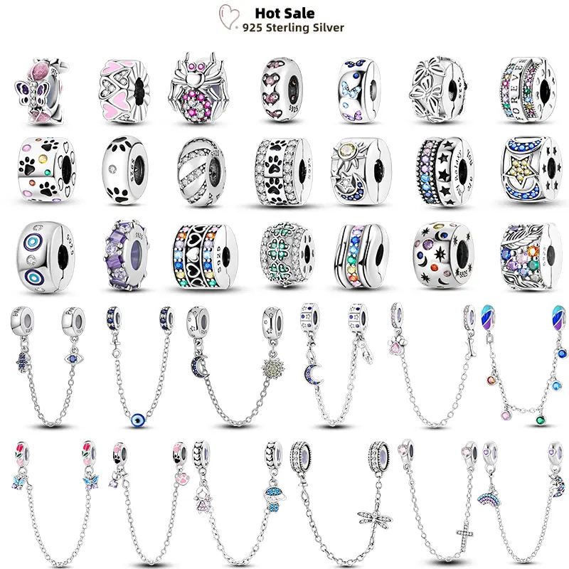 Original 925 Silver Buttefly Daisy Safety Chain Charms Fit Pendant Bracelet Star Moon Luminous Round Clip Beads DIY Jewelry Gift
