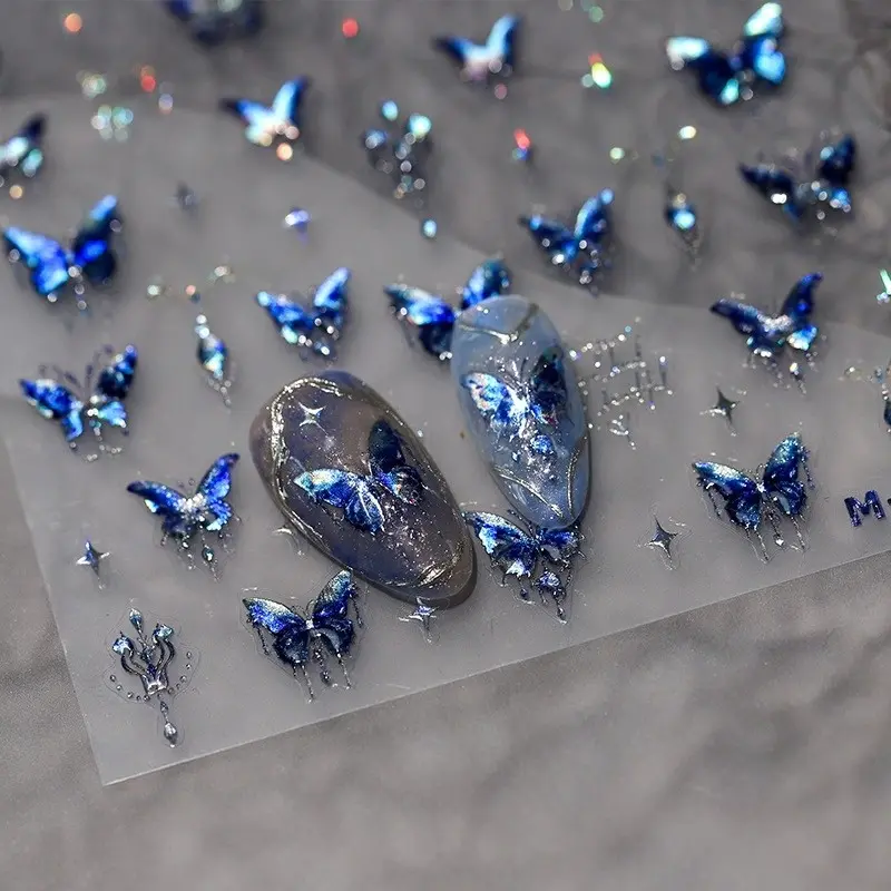 Elegant Blue Butterfly Nail Art Stickers M-217, Nail Art Supplies, Shimmering Broken Glass Design for Unique Nail Decoration, Perfect for Special Occasions