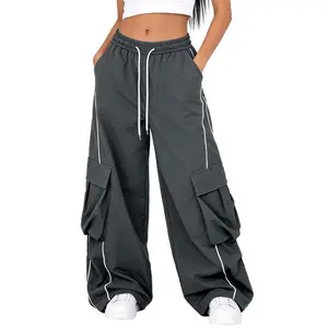 Bakyarder Women's Wide Leg Cargo Pants Baggy Barrel Pants Y2K Casual Streetwear Drawstring Trousers with Utility Poc