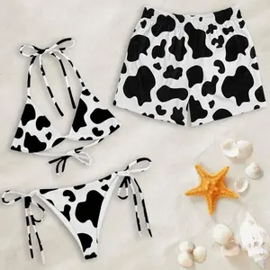 Cow Print Matching Couple Swimwear Set, Trendy Black White String Bikini & Mesh Swim Trunks, Perfect Gift for Beach Lovers Y1P