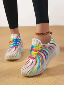 Women's Rainbow Flat Colorblock All Seasons Sneakers, Fashionable Comfort Breathable Design, Striped Jelly Sole, Lightweight Casual Shoes for Daily Wear & Outdoor Sports, Lightweight Athletic Sneakers Training Women