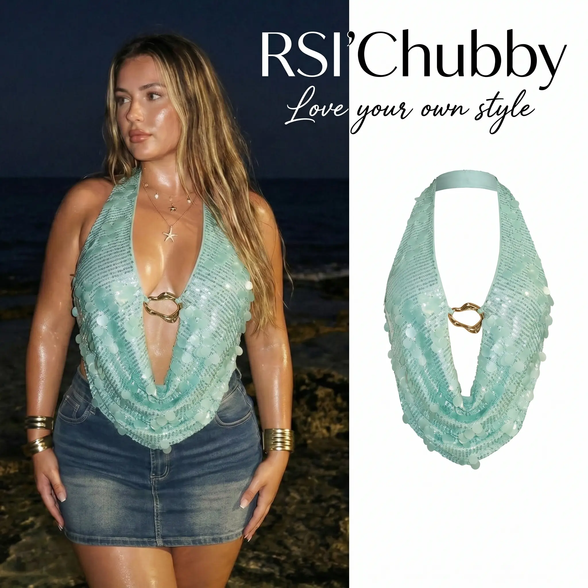 Women Plus Size Sparkly Glitter Sequin Halter Top Sexy Backless Camisole Blouses Plunge Cowl Neck Handkerchief Hem Beach Vacation Party Clubwear Top