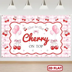 2D Flat, 2D Flat Banner 1pc, She's the Cherry on Top of This Dessert Platter! Newborn Party Background Banner - Pink and Red Cherry Theme with Balloons and Cherry Blossoms, Elegant Party Decorations, Suitable