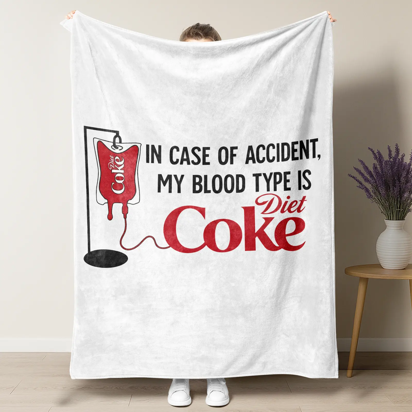 Diet Coke Flat Velvet Cartoon Printed Blanket - "In Case of an Accident, My Blood Type Is Diet Coke" Design, Soft Plush Thin Quilt, Multipurpose Office Bedding, Cozy Warm Holiday Gift