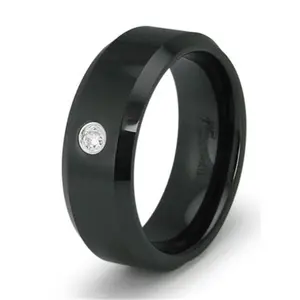 Black Ceramic Mens Ring with CZ - Size 13