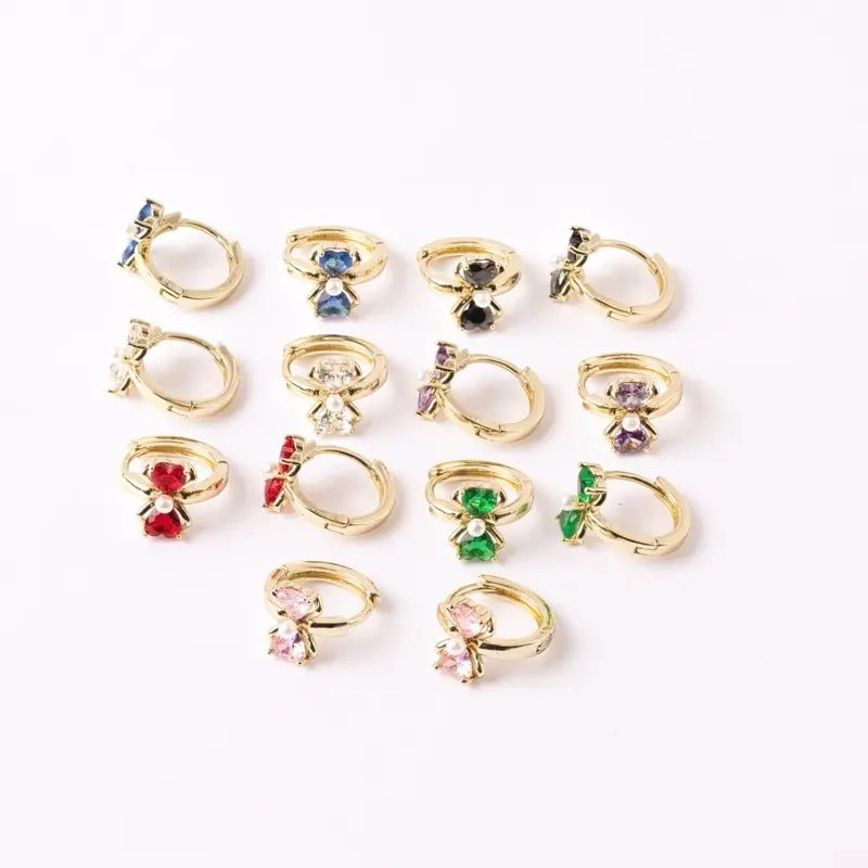 14K Gold Plated Bow Crystal Huggie Hoop Earrings, Hypoallergenic 10mm Earrings for Female Girls