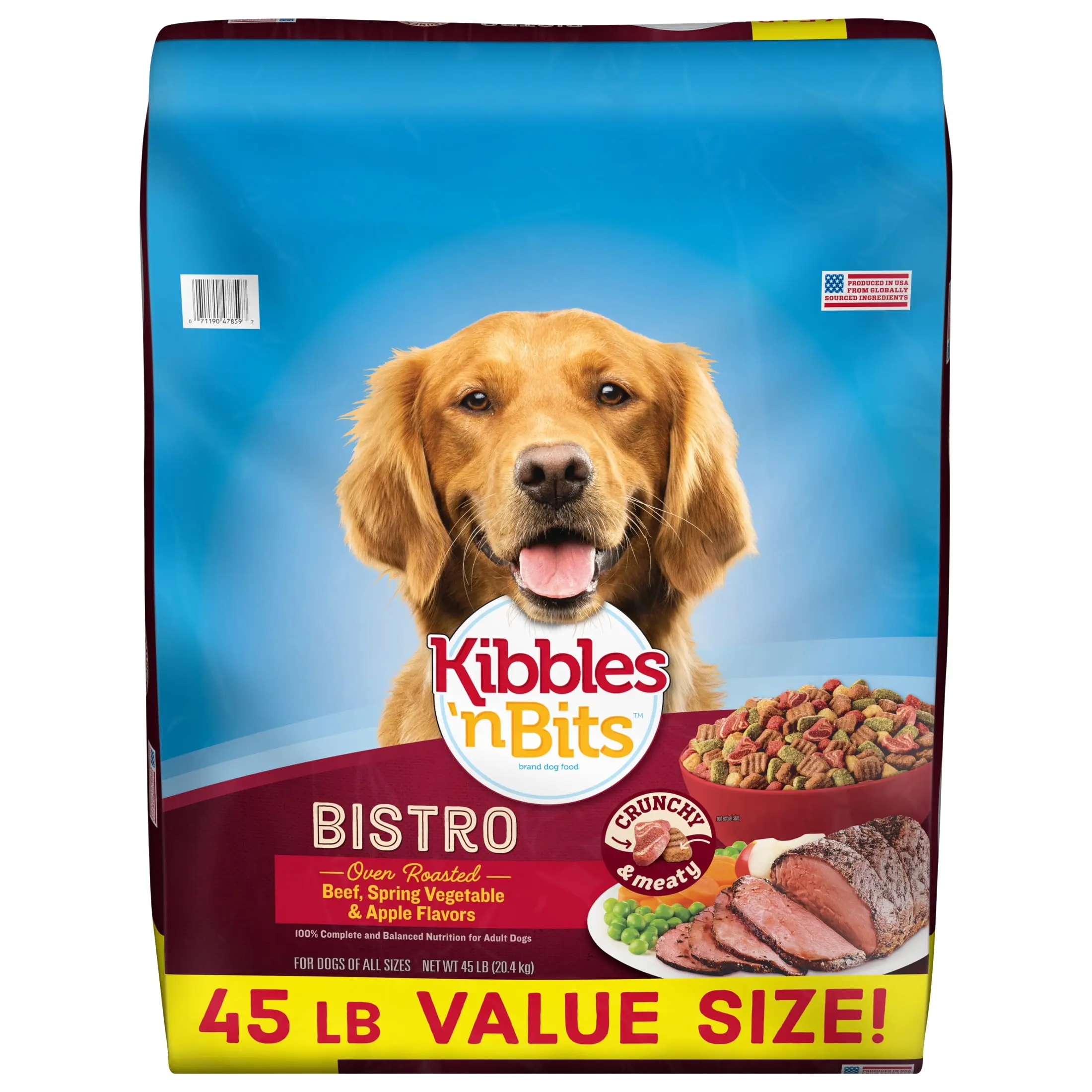 Kibbles n Bits Bistro Dry Dog Food For Adult Daily Nourishment Roasted Beef Vegetable Apple 45 lb Meaty Bits Bag