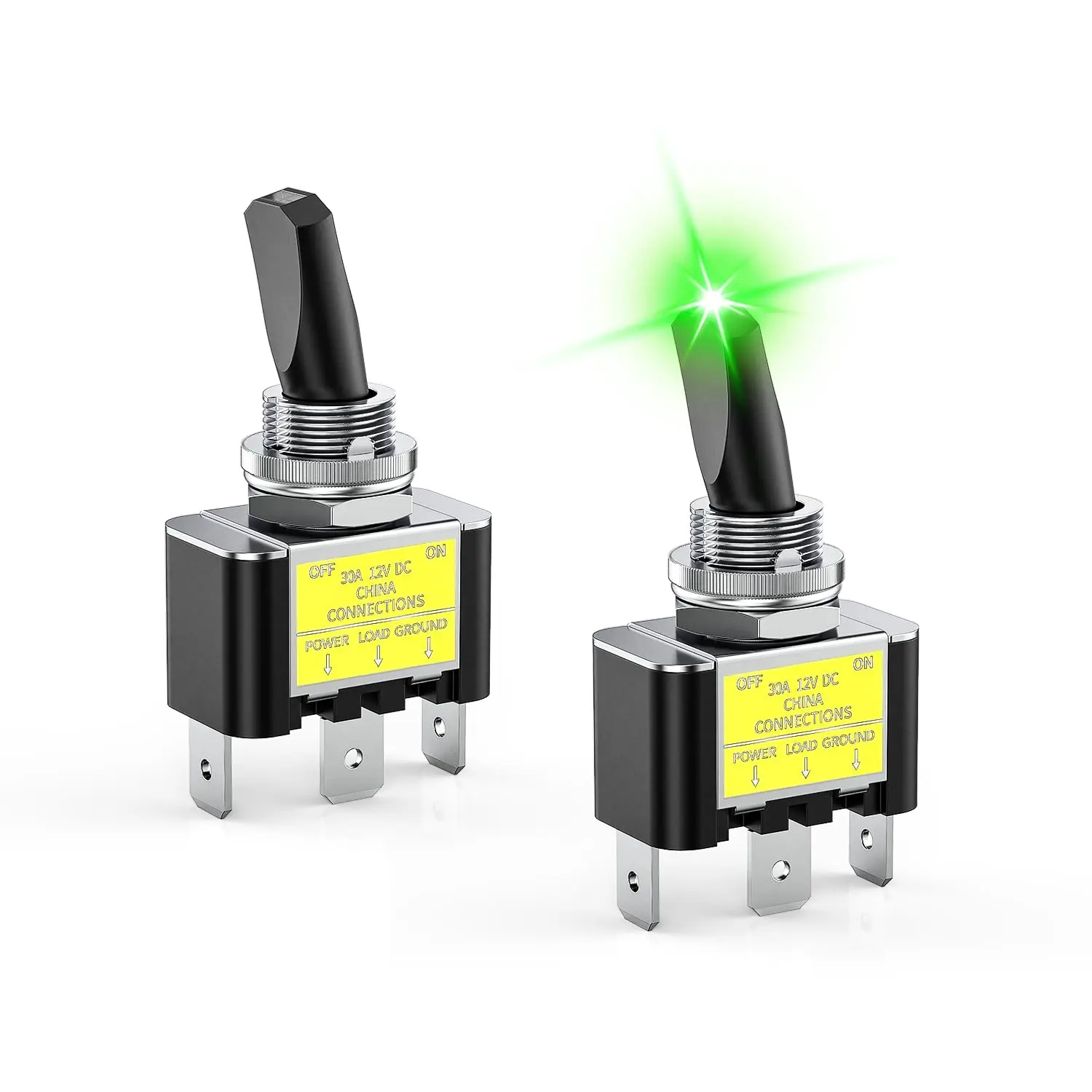 Nilight 2PCS Metal+Plastic Green LED On/Off Single Pole Switch, 12V DC 30A 3-Pin Heavy-Duty Brass Copper Switch with 14AWG Wire for Cars, Boats