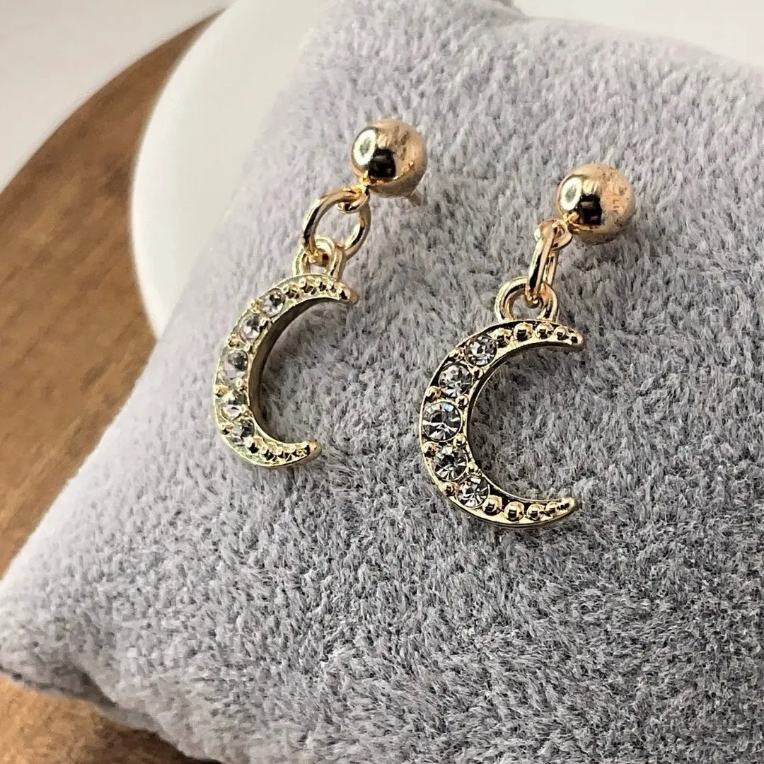 Gold Charm Ball Stud Earrings with Rainbow Star and Moon Design
