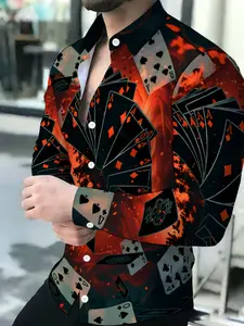 Men's Breathable Turn-down Collar Long Sleeve Fiery Playing Card Print Cardigan