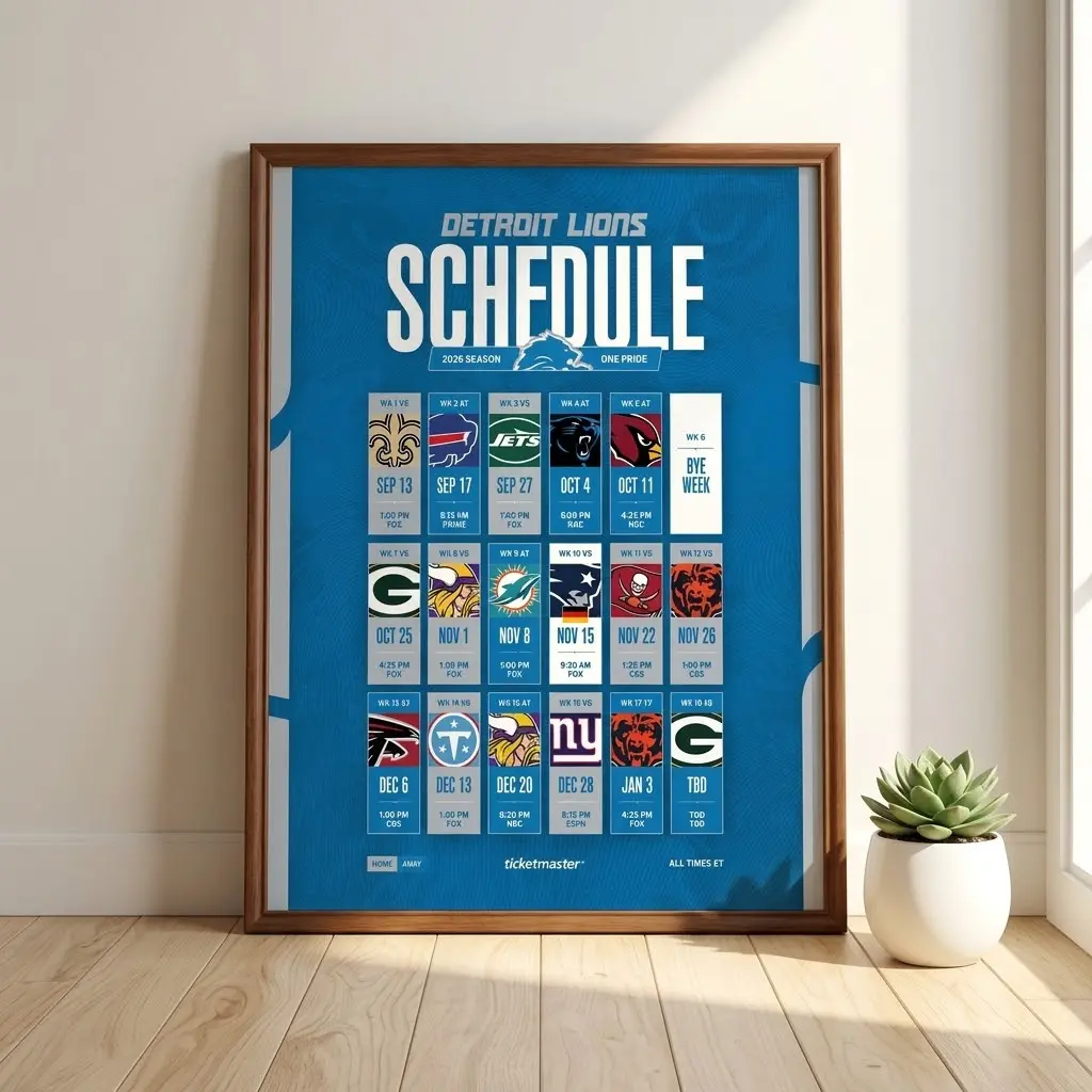 Detroit Lions 2026 Schedule Poster No Frame, NFL Football Wall Art, Game Room Decor, Sports Fan Artwork, Team Season Calendar Print