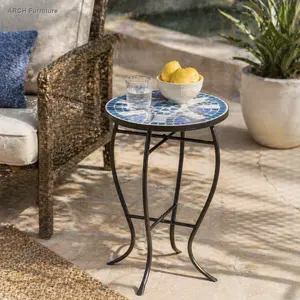 Christopher Knight Home ARCH Round Outdoor Side Table - Mosaic Top with Ceramic Tiles, Curved Iron Frame Legs, Blue/White/Matte Black Finish, Patio Furniture