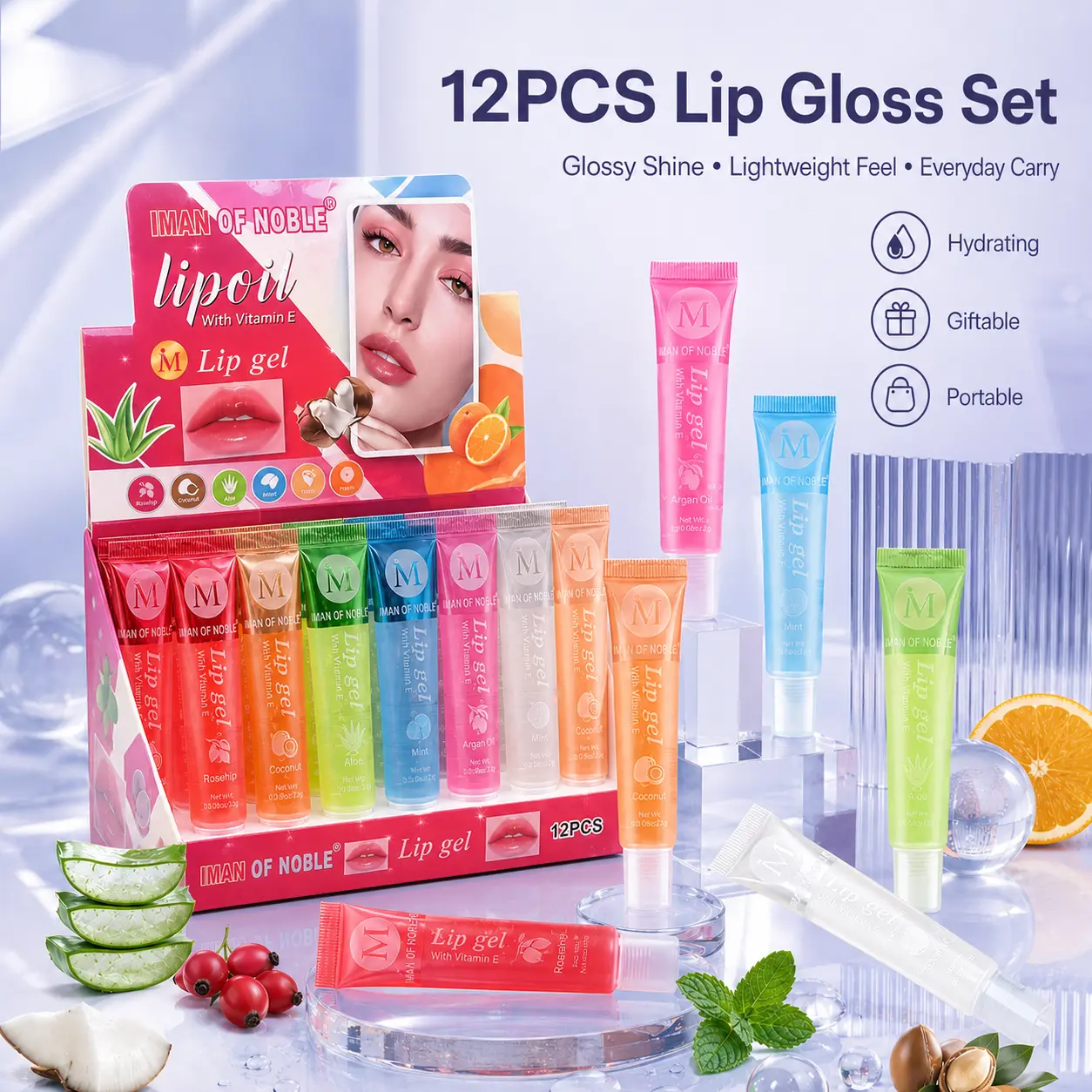 12PCS Hydrating Lip Gloss Set with Vitamin E, 6 Flavors Lip Gel Collection, Juicy Non-Sticky Shine for Daily Lip Care, Travel & Giftable Use
