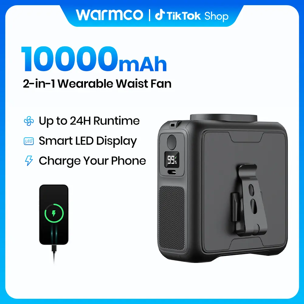 Warmco Portable Waist Fan - Battery-Powered Clip-Mounted Fan, 10000mAh Rechargeable Clip-On Belt Design with LED Light, 4 Speeds, 16000RPM Strong Airflow, Wearable for Camping, Outdoor Use, Battery-Powered Portable Fans, Clip-Mounted Portable Fans
