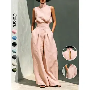 MG1 Minimal High Neck Sleeveless Top, Retro Boho Ruffle Sleeveless Top and Pants Set, Solid Color Casual Suit,  2-Piece Elegant Set Chic Mock Neck Halter Top & High-Waisted Wide-Leg Pants, Trendy Old Money Aesthetic Outfit for Summer Vacation & Office