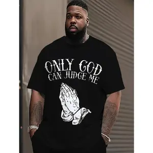 Men's Plus Size 100% Cotton Menswear T-Shirt - Classic Round Neck, Short-Sleeve, "Only God Can Judge Me" Print, Prayer Hands Design, Tropical Summer Casual Hoodie Alternative, Machine Washable, COD Option, Breathable Cotton Fabric,summervibes