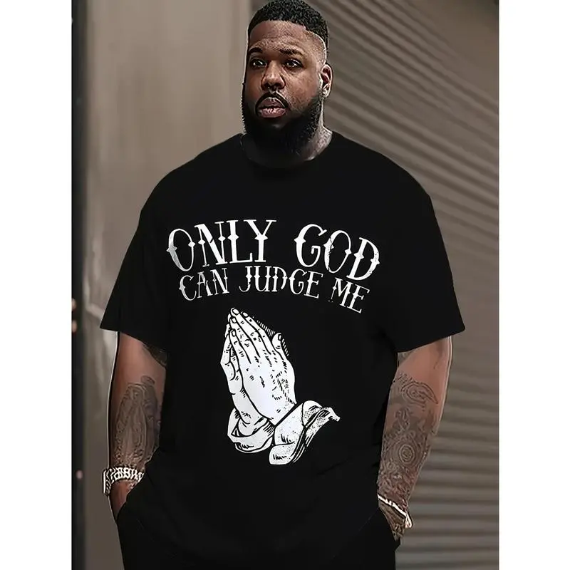 Men's Plus Size 100% Cotton Tropical Menswear Short-Sleeve Graphic T-Shirt - Classic Round Neck, "Only God Can Judge Me" Print, Prayer Hands Design, Breathable, Machine Washable, COD Option, Sweat Alternative