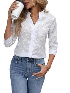 women's floral embroidery notched neck blouse, casual 3/4 sleeve button front long sleeve top for daily wear, ladies clothes for all seasons, summer tops, shirts