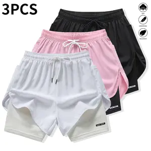 Pack of 3 women’s casual athletic pants, faux two-piece design, solid color, with inner lining, elastic drawstring waistband, suitable for outdoor fitness, running, sports, and casual wear; women’s shorts