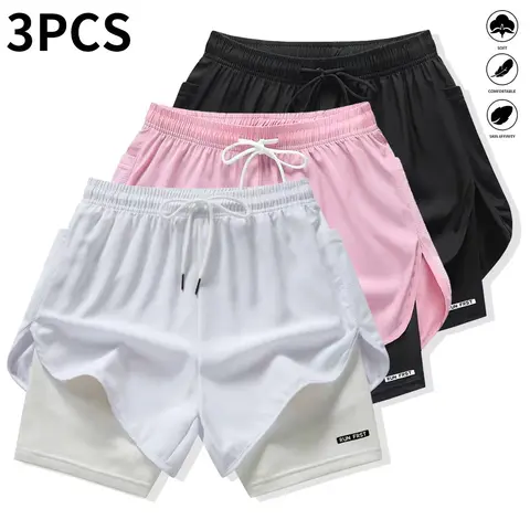 Women's Active Run-Ready Shorts (3pcs), Faux 2-Piece Solid Color, Comfortable Inner Lining, Elastic Drawstring Waistband, Suitable for Gym, Summer Outfits
